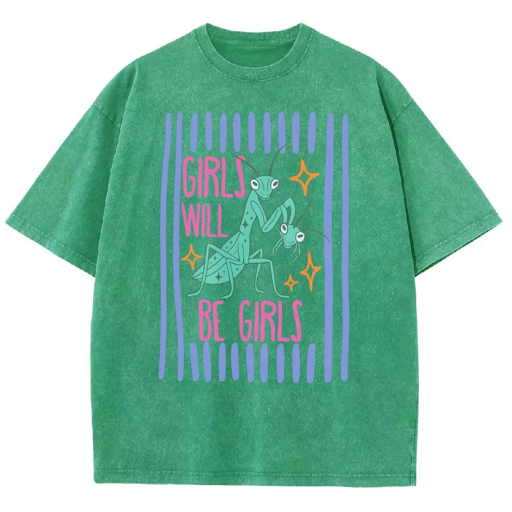 Men's Cotton Casual Unisex Menswear Top - Fitted Round Neck Washed Funny T-Shirt, Girls Will Be Girls Mantis Cartoon Print, Feminist Bug Design, Gift for Insect Lovers