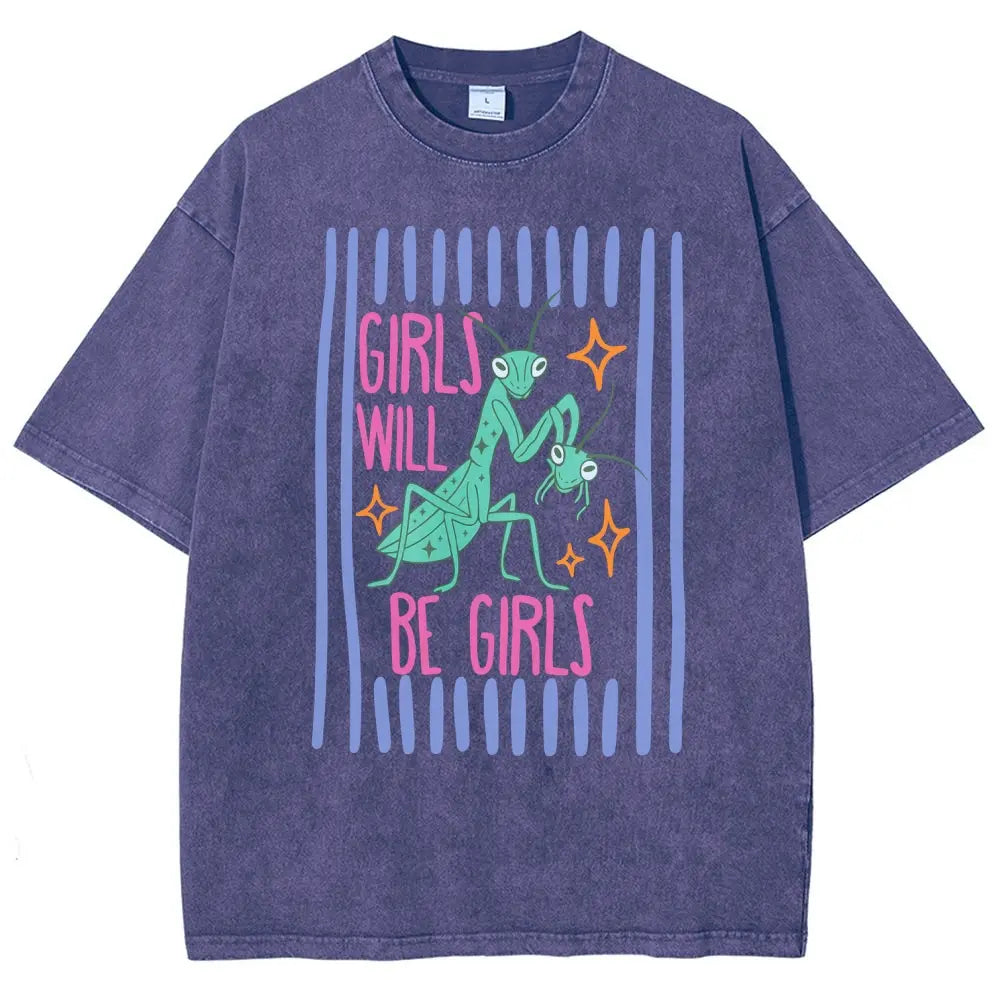 Men's Cotton Casual Unisex Menswear Top - Fitted Round Neck Washed Funny T-Shirt, Girls Will Be Girls Mantis Cartoon Print, Feminist Bug Design, Gift for Insect Lovers
