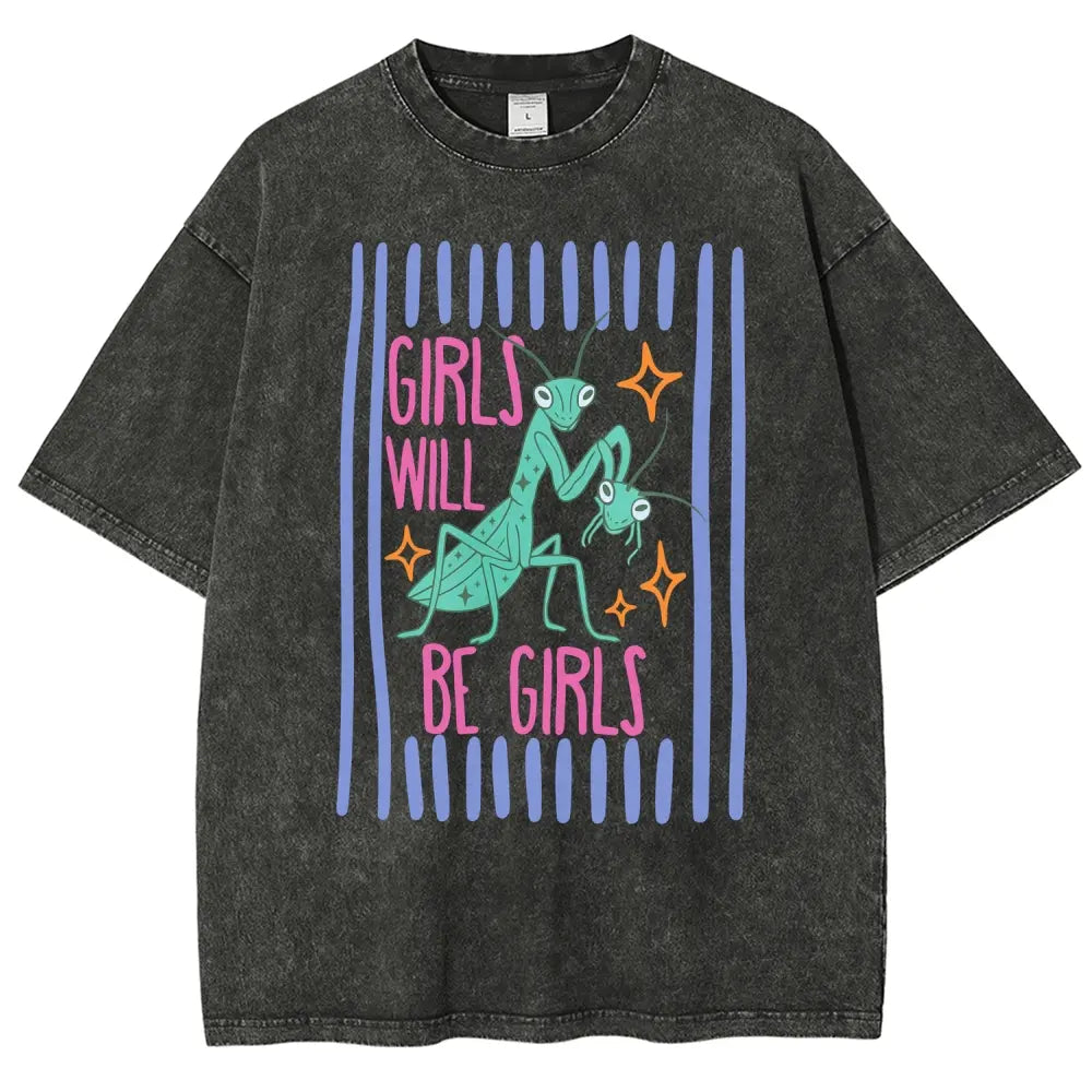 Men's Cotton Casual Unisex Menswear Top - Fitted Round Neck Washed Funny T-Shirt, Girls Will Be Girls Mantis Cartoon Print, Feminist Bug Design, Gift for Insect Lovers