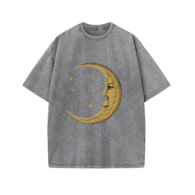 Unisex 230g Vintage Washed Moon & Star Graphic T-Shirt, Oversized Short Sleeve Crew Neck Casual Tee