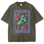 Men's Cotton Casual Unisex Menswear Top - Fitted Round Neck Washed Funny T-Shirt, Girls Will Be Girls Mantis Cartoon Print, Feminist Bug Design, Gift for Insect Lovers