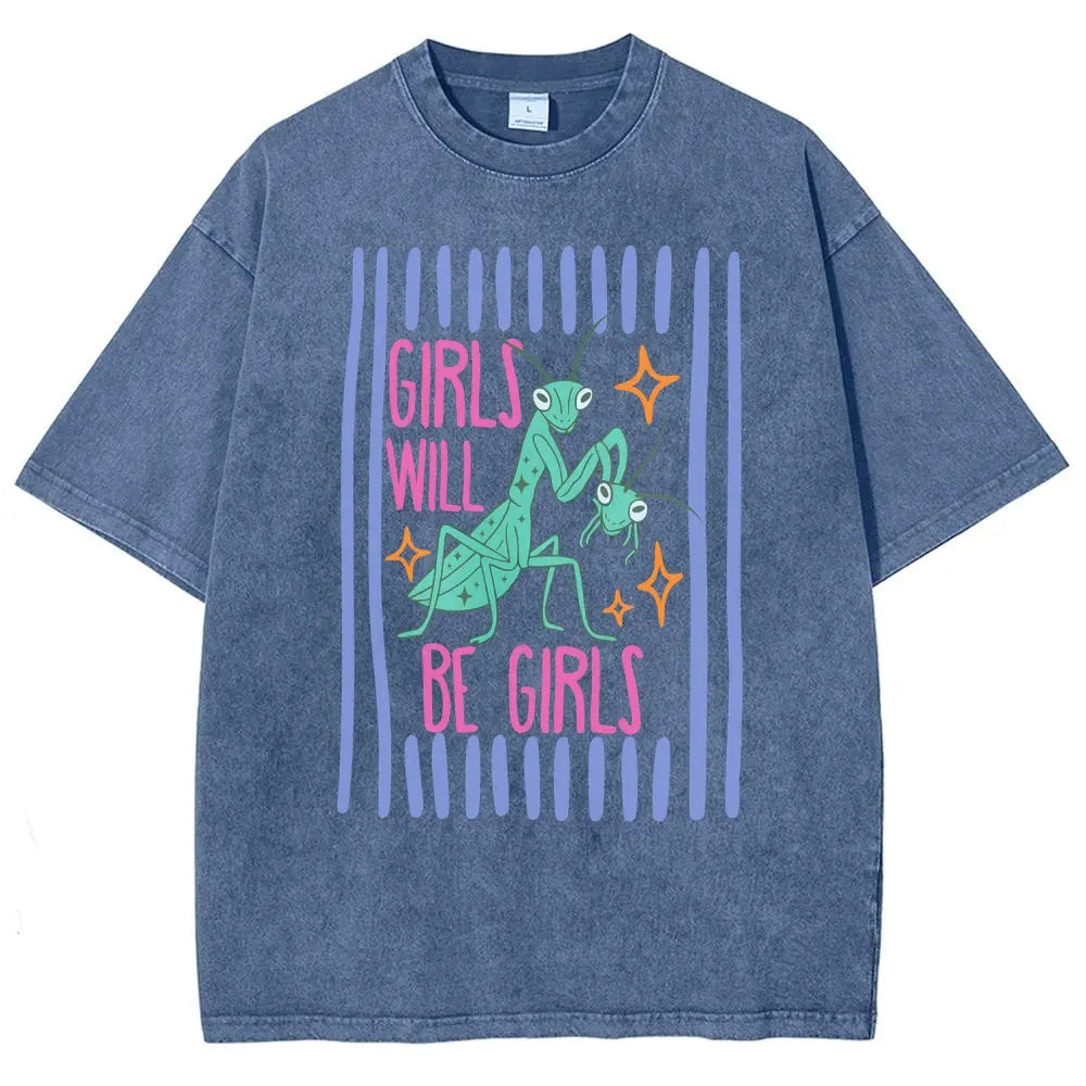 Men's Cotton Casual Unisex Menswear Top - Fitted Round Neck Washed Funny T-Shirt, Girls Will Be Girls Mantis Cartoon Print, Feminist Bug Design, Gift for Insect Lovers