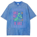 Men's Cotton Casual Unisex Menswear Top - Fitted Round Neck Washed Funny T-Shirt, Girls Will Be Girls Mantis Cartoon Print, Feminist Bug Design, Gift for Insect Lovers