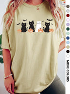 Women's Halloween Themed Cartoon Cat, Bat & Pumpkin Print Round Neck Tee, Cute Casual Fashion Fitted Drop Shoulder Short Sleeve T-shirt for Daily Wear, Ladies Clothes for All Seasons