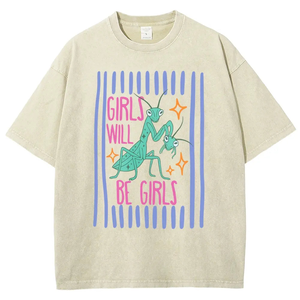 Men's Cotton Casual Unisex Menswear Top - Fitted Round Neck Washed Funny T-Shirt, Girls Will Be Girls Mantis Cartoon Print, Feminist Bug Design, Gift for Insect Lovers
